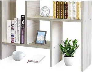 J.M.Deco Desktop Organizers and Storage for Office, Adjustable Desk Organizer Shelf Double H Display, True Natural Stand Shelves, Desktop Organizer White Wood Tone