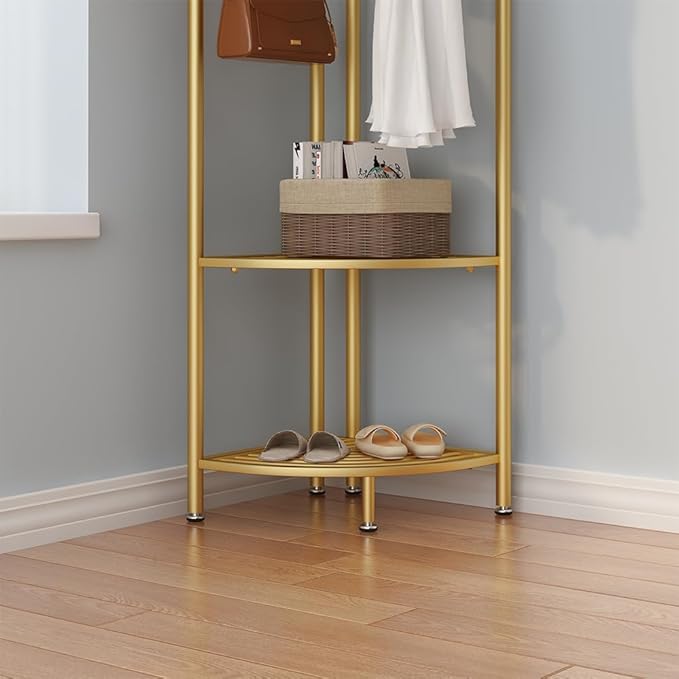 Metal Corner Coat Racks, Gold Clothing Racks Hall Tree, Freestanding Garment Rack with Hooks and Storage Shelf for Hallway, Entryway, Bedroom, Living Room, Office(Gold)