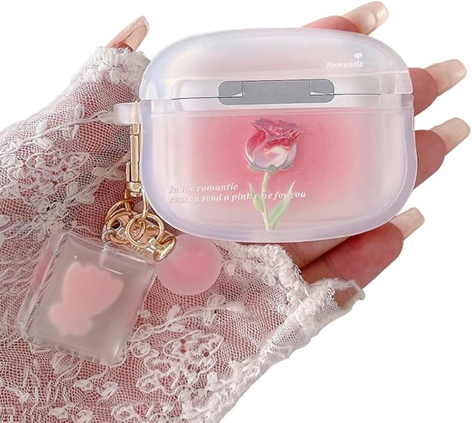 Compatible with Airpod Pro 2 / Airpod Pro Case Cute Aesthetic Romantic Rose Flower with Keychain Clear Frosted Protective Cover for Girls Women (Rose Pink)