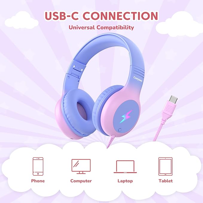 USB Type C Kids Headphones, Wired Headphones for Kids with Microphone/LED Lights, 85/94dB Volume Limit, Stereo Sound, Foldable Over-Ear USB-C Headphones for School/Travel/Tablet/iPad, Purple