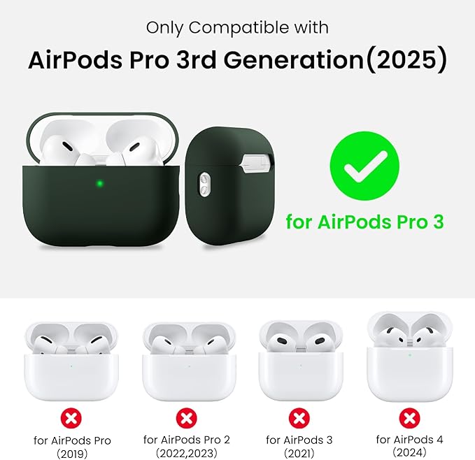 ORNARTO Compatible with AirPods Pro 3 Case 2025, Full Protective Hybrid Silicone for AirPods Pro 3rd Generation Case, Front LED Visible Skin Cover-Mystic Green