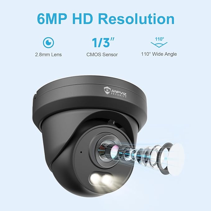 Anpviz 6MP PoE IP Camera Black, Full Metal Turret Security IP Camera Outdoor Indoor, Smart Dual Light Color Night Vision, AI Human Vehicle Detection, Built-in Mic, 2.8mm Lens, IP66 Waterproof, NDAA
