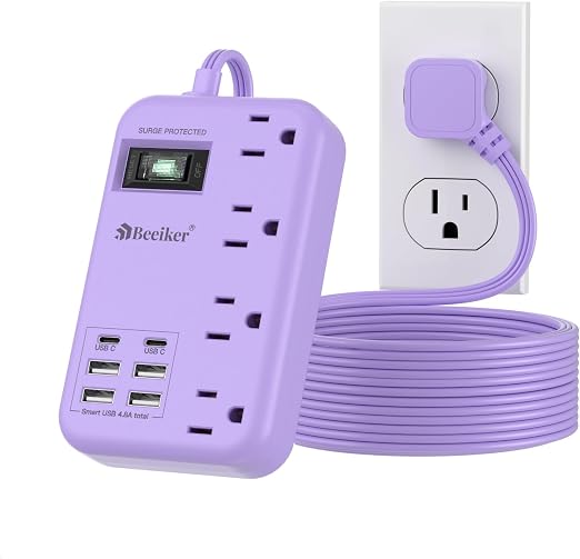 Beeiker 6 USB Purple Surge Protector Power Strip,10 Ft Cute Extension Cord