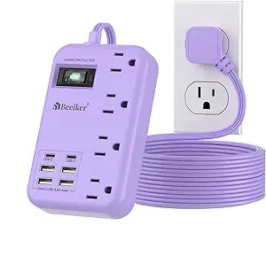Beeiker 6 USB Purple Surge Protector Power Strip,10 Ft Cute Extension Cord