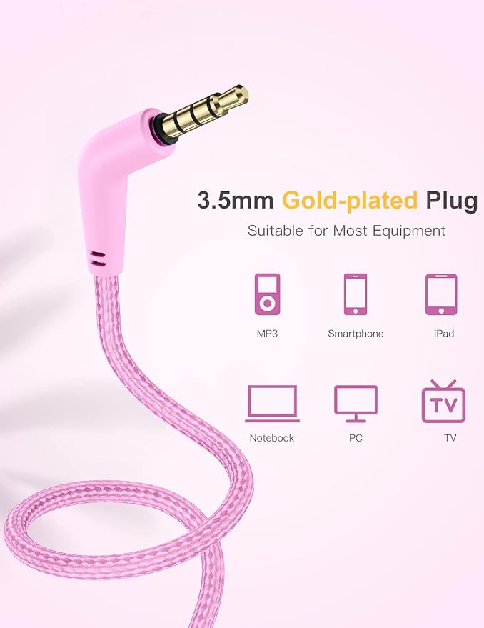 Kids Headphones with Microphone, Over-Ear Headphones for Kids with Sharing Function, 85dB/94dB Safe Volume Limit, Wired Headphone for Children, Kid Headset for School, Study, Travel, Pink