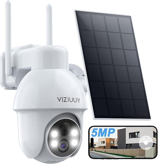 5MP Solar Security Camera Outdoor, Wireless Battery Powered Security Camera with 360°View, Pan and Tilt, Color Night Vision with Floodlight,PIR Human Detection,Compatible with Alexa