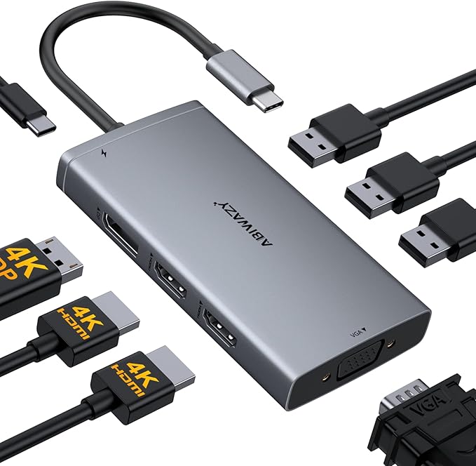 ABIWAZY USB C Docking Station Dual Monitor Adapter for Dell HP Laptop Docking Station 3 Monitors Quadruple Display USBC Hub Dongle to 4K HDMI,DP,VGA,3 USB2.0,100W PD, USB-C Dock for Lenovo,Surface