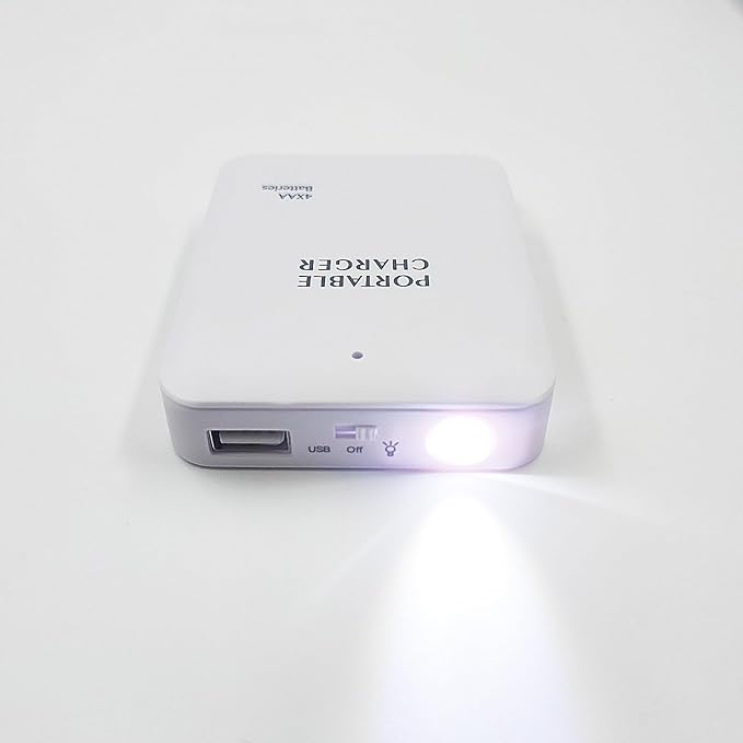Battery Operated Phone Charger Emergency|USB Battery Powered Power Bank Portable 4 AA Batteries Powered Outlet (White)