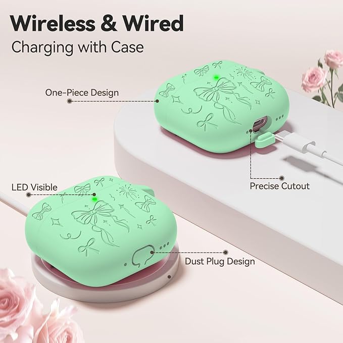for Airpods 4 Case Cover, Joremx Cute Bow Engraved Silicone Protective Case Cover with Keychain, Cleaner Kit for AirPods 4th Generation Case 2024 (Mint Green)