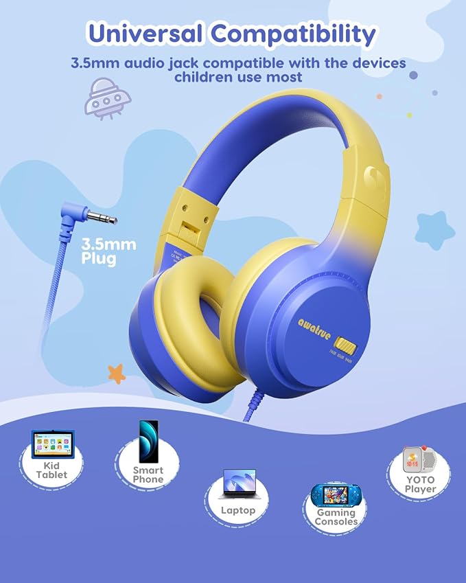 Kids Headphones, 74/85/94dB Volume Limiter, Foldable Wired Over Ear Headphones for Travel, 3.5mm Jack, Toddler Headphones for School, Chromebook, iPad, Tablet, Blue Yellow