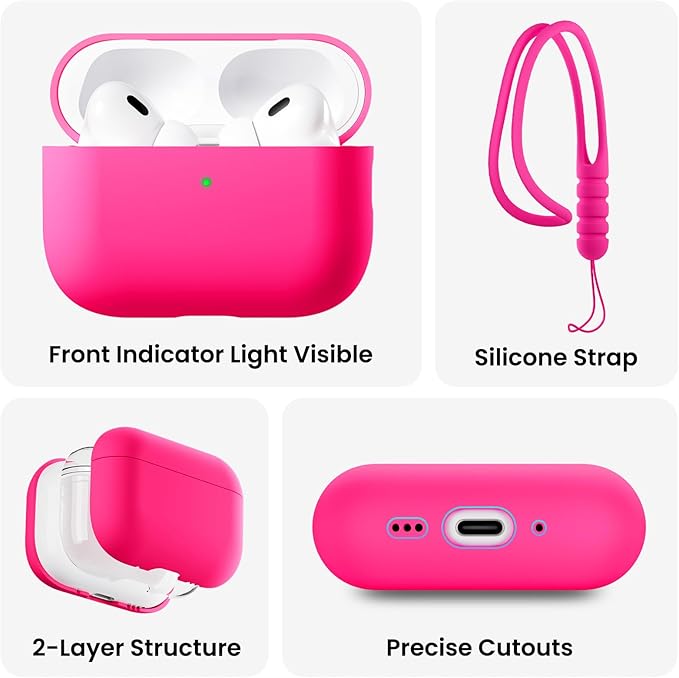 ORNARTO Compatible with AirPods Pro 3 Case 2025, Full Protective Hybrid Silicone for AirPods Pro 3rd Generation Case, Front LED Visible Skin Cover-Hot Pink