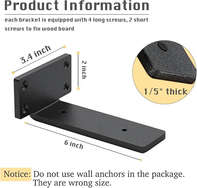 8 Pack Shelf Brackets 6 Inch Floating Shelf Bracket 1/5 inch Thick Heavy Duty Hidden Shelf Brackets Iron Metal Brackets for Shelf Support with Screw Included