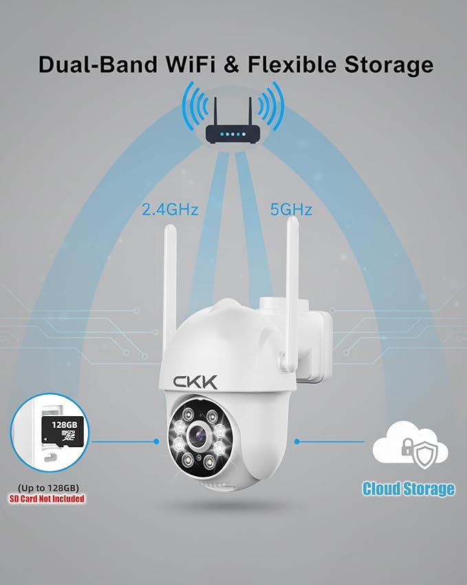 CKK 2K Security Cameras Outdoor, 2.4G/5G Wireless Home Security Camera, Corded Power,360 PTZ, Motion Detection, Color Night Vision, 2-Way Talk, Waterproof, Audible & Floodlight Alarm, Works with Alexa