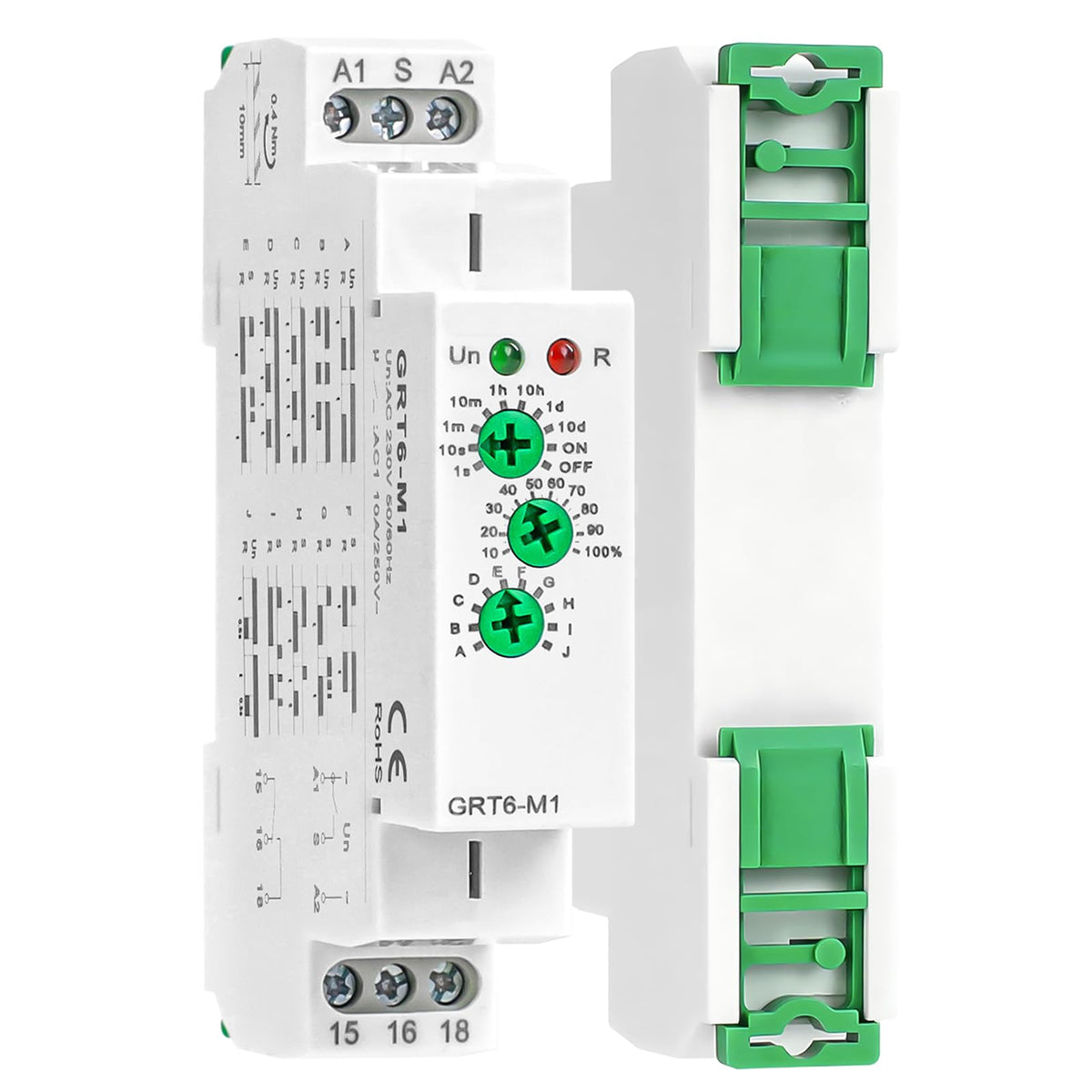 Multifunction Time Delay Relays AC DC 24V-240 Volt, 10A Mini Adjustable Timer Switch ON Off GRT6-M1, with 10 Electrical Timers Relay Control Delay Function for 1 Minute to 10 Days, DIN Rail Mount