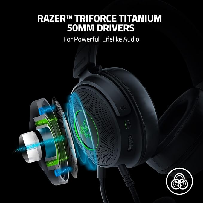 Razer Kraken V3 Wired USB Gaming Headset: Triforce Titanium 50mm Drivers - Detachable HyperClear Mic (Renewed)