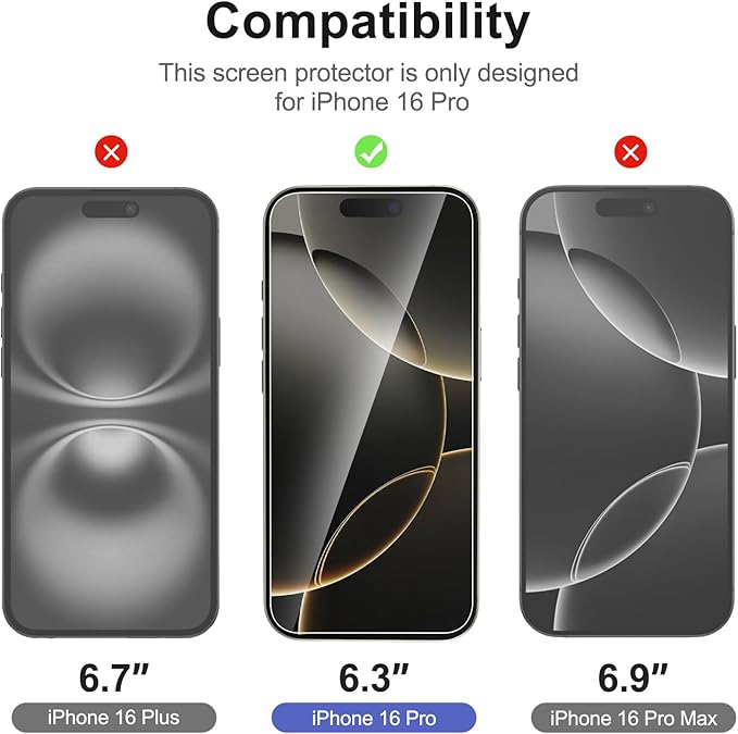 NEW'C 3x for iPhone 16 Pro Screen Protector (6.3 inches)+ 3x Camera Lens Protector, Sensor Protection, Case Friendly Tempered Glass Film + Dust Plug- Easy installation tool include