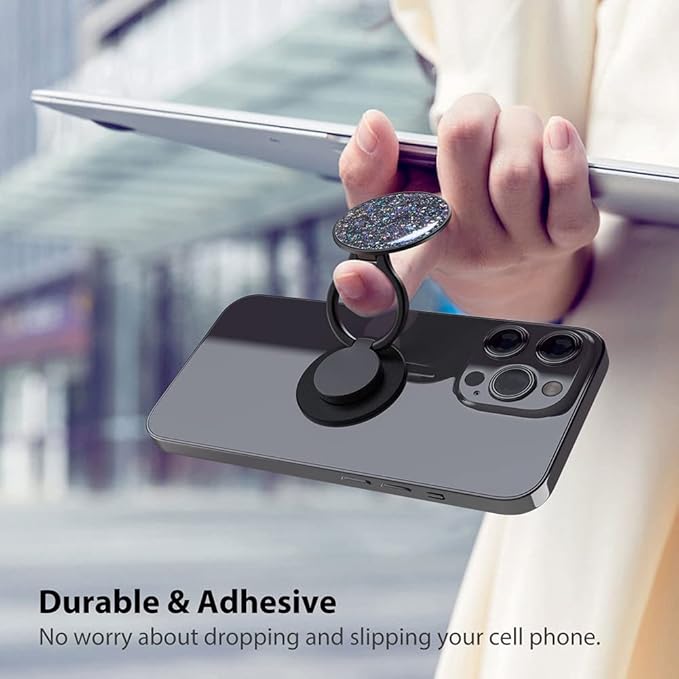 Phone Ring Holder, Phone Grip Holder Finger Kickstand, Foldable & Adjustable Metal Cell Phone Rings Gripper Stand Work with Magnetic Car Mount for iPhone Samsung & Other Phones - Sparkle Black