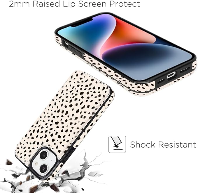 uCOLOR Compatible with iPhone 14/15 Plus 6.7" Wallet Case with Card Holder Slots Folio Flip PU Leather Kickstand Magnetic Clasp and RFID Blocking Cover (Almond Latte Polka Dot)