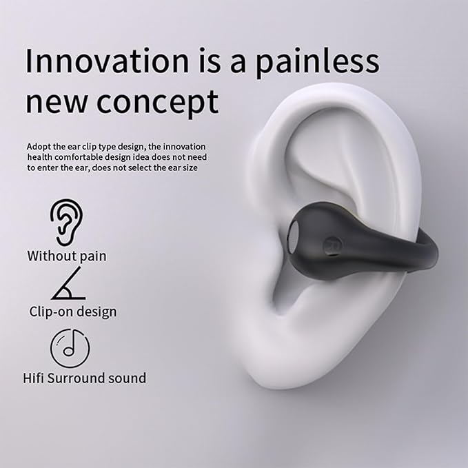 Open-Ear Wireless Headphones Bluetooth Clip On Mini Earbuds Charging Case Ear Buds Sports Bone Conduction Headphones Earphones for TV Phone Laptop Music (Black)