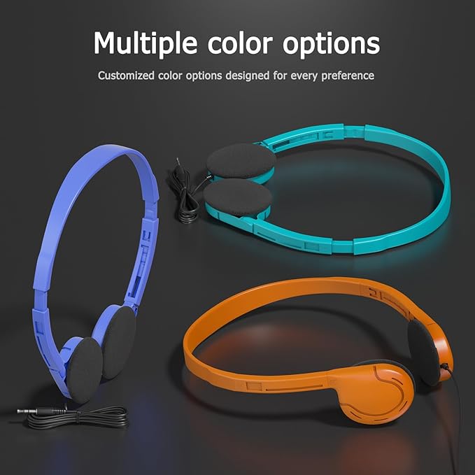 3 Pack Bulk Headphones for School, Classroom, Students - On Ear with 3.5mm Jack, 4ft Tangle Free Cable, 3 Colors - Compatible with iPad, Chromebook, Laptop, PC