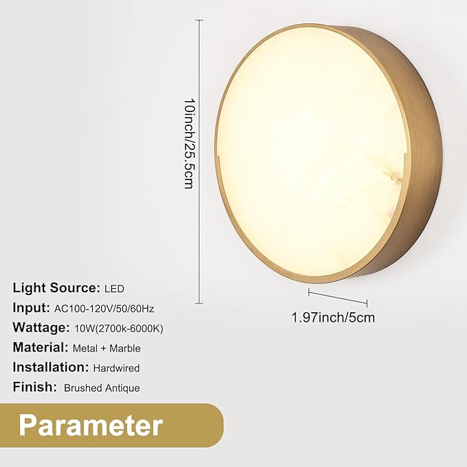 Round Antique Alabaster Wall Sconce, Natural Marble Wall Lighting Dimmable, LED Alabaster Wall Lamp for Living Room, Stair, Bedroom, Hallway, Bedside