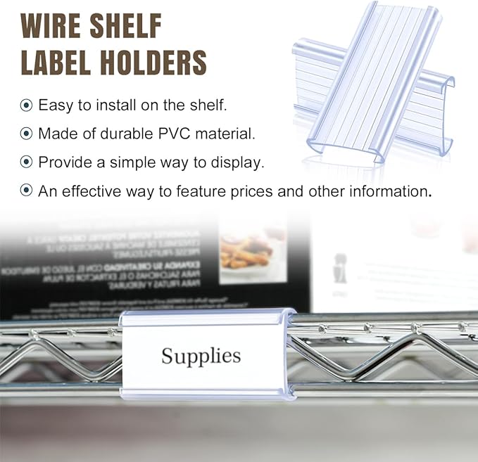 Lenink 30Pcs Wire Shelf Label Holders,Plastic Wire Rack Label Holder,Compatible with Metro 1-1/4in Shelves,Label Area 3in Lx1.25in H (Label Paper Insert Included)
