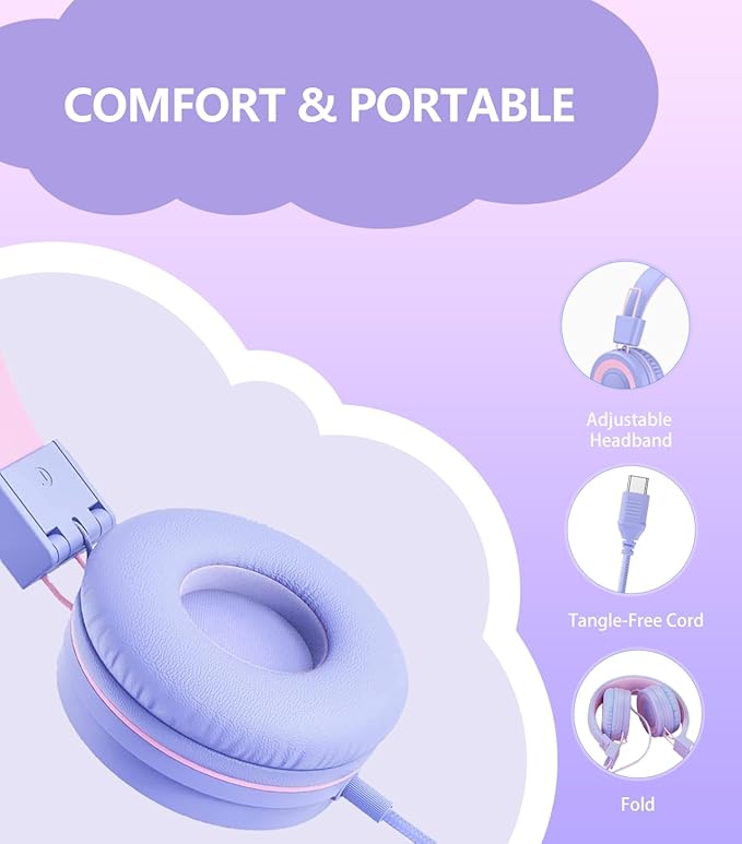 Upgrade USB Type C Kids Headphone for School, 94dB Safe Volume Limited, HD Stereo Sound, Foldable Lightweight On-Ear Headphones for Boys/Girls/Students/Tablet/Travel(Light Purple)