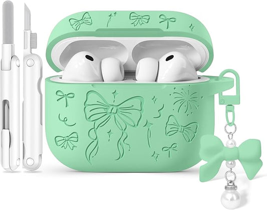 for Airpods Pro 3 Case Cover, Joremx Cute Bow Engraved Silicone Protective Case Cover with Keychain, Cleaner Kit for Airpods Pro 3rd Generation (2025) (Mint Green)
