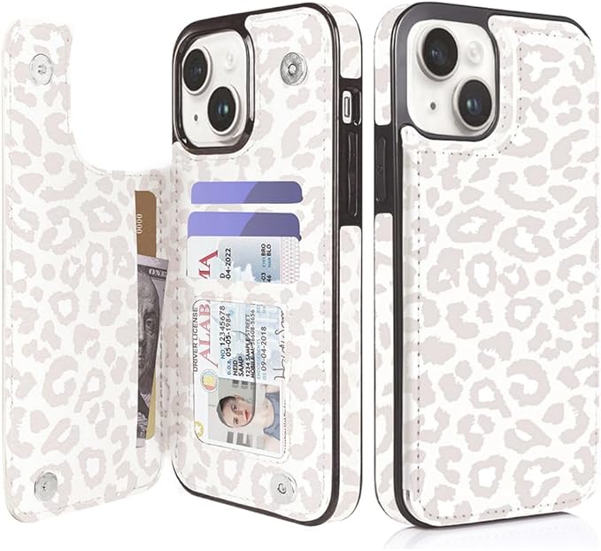 uCOLOR Compatible with iPhone 14/15 Plus 6.7" Wallet Case with Card Holder Slots Folio Flip PU Leather Kickstand Magnetic Clasp and RFID Blocking Cover (Beige Leopard)