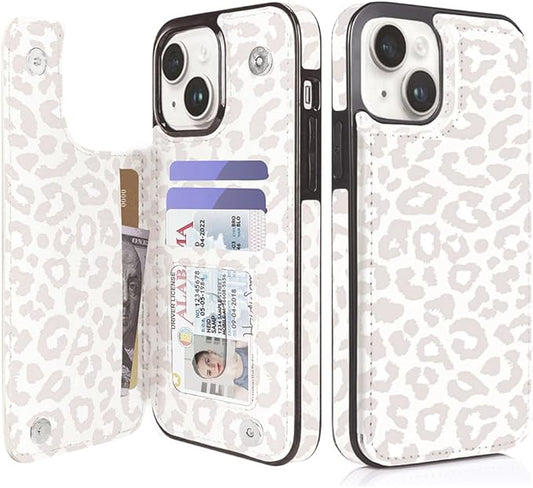 uCOLOR Compatible with iPhone 14/15 Plus 6.7" Wallet Case with Card Holder Slots Folio Flip PU Leather Kickstand Magnetic Clasp and RFID Blocking Cover (Beige Leopard)