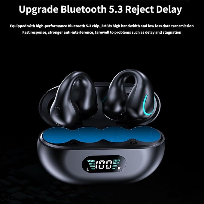 Open-Ear Wireless Headphones Bluetooth Clip On Mini Earbuds Charging Case Ear Buds Sports Bone Conduction Headphones Earphones for Workout Driving Walking (Black(Orange))