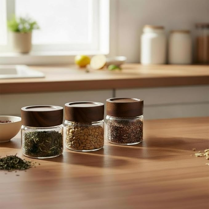Wide Mouth Glass Storage Jars With 2.5" Acacia Wood Lids - 4 Pack of 4 Oz Food Storage Containers - Borosilicate Glass Canisters Sets For Kitchen - Pantry Organizers and Storage for Rice Coffee Beans