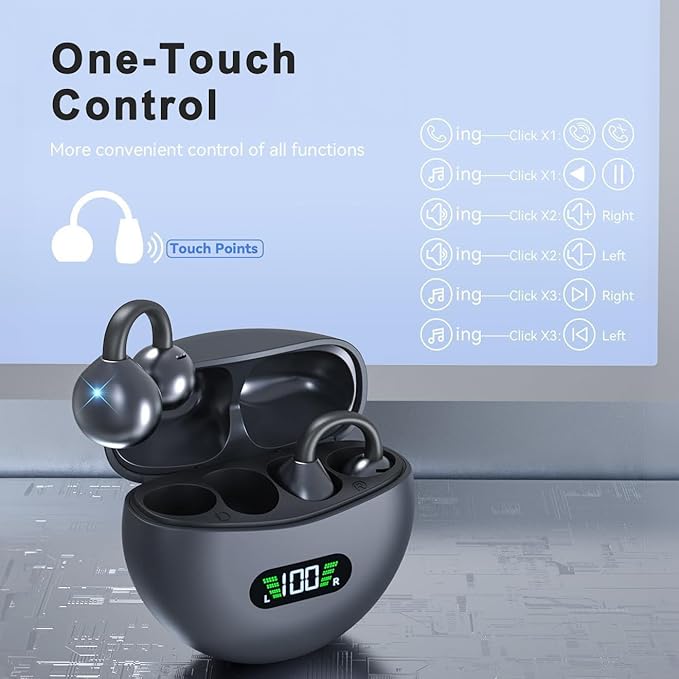 Ear Clip Earbuds Mini Open Ear Headphones Wireless Bluetooth Earphones for Sport Workout Driving Walking Running Compatible with iPhone Android (Black and Grey)