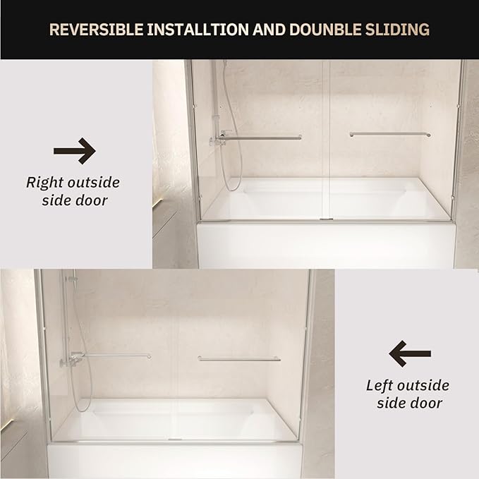 Tub Shower Door, 56-60" W x 57" H Semi-Frameless Bypass Double Sliding Bathtub Door with 1/4 inch Clear Tempered Glass for Walk in Shower, Chrome
