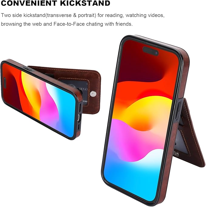 KIHUWEY Compatible with iPhone 15 Case Wallet with Credit Card Holder, Flip Premium Leather Magnetic Clasp Kickstand Heavy Duty Protective Cover for iPhone 15 6.1 Inch (Brown)
