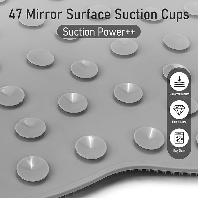 Shower Foot Scrubber Mat XL, Silicone Feet Toes Massage Cleaner -Upgraded Long Brush Pad Without Bending Non-Slip Suction Cups for Foot Bath Bathtub Exfoliate Smooth Skin 17.4x13 Grey