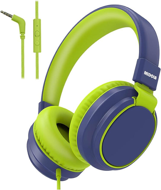 MIDOLA Volume Limited 85/110dB Kids Headphone Over-Ear/On-Ear Foldable Sound Noise Protection Headset with Inline AUX 3.5mm Cord w/Mic for Child School Cellphone Pad PC Notebook DeepBlueSky
