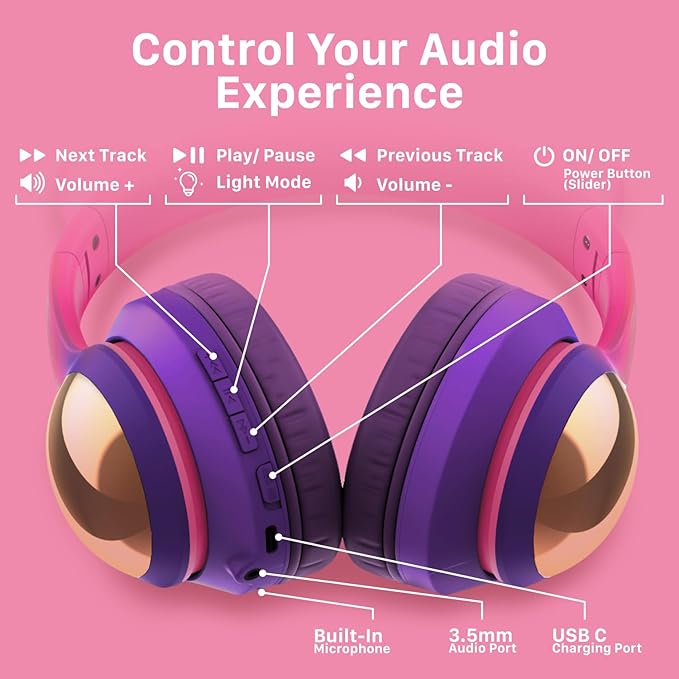 FosPower Kids Bluetooth 5.2 Headphones with LED Cat Ears (85/94dB Safe Volume Limit) Foldable Wireless or Wired Headset with 100hr Play Time and 3.5mm Cable for School/Travel - Hot Pink/Purple