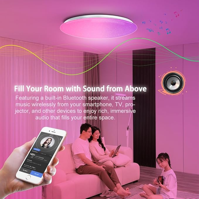 1-Pack, 13 inch Smart LED Music Ceiling Light with Bluetooth Speaker, Compatible with Alexa & Google Home, Color Changing RGB Dimmable Light for Living Room, Bedroom, Kitchen