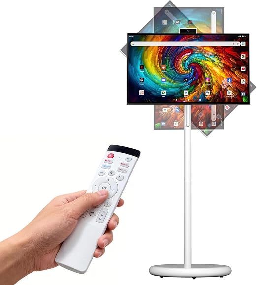 27" Portable Smart Touchscreen Tablet TV on Wheels, Android 15 OS Mobile Smart Display with Google EDLA Certification, 6GB+128GB, Built-in Battery, 4K Camera, Wireless Casting, Rotating Rolling Stand