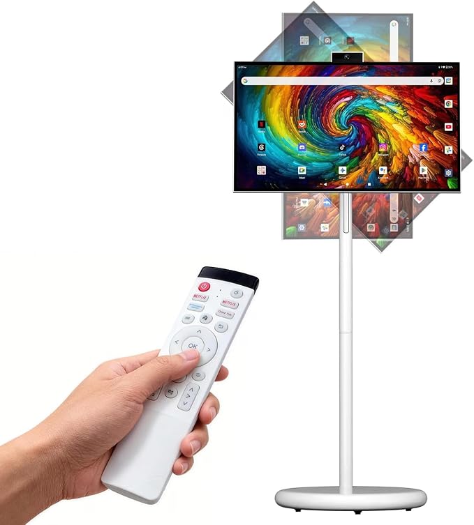 27" Portable Smart Touchscreen Tablet TV on Wheels, Android 15 OS Mobile Smart Display with Google EDLA Certification, 6GB+128GB, Built-in Battery, 4K Camera, Wireless Casting, Rotating Rolling Stand