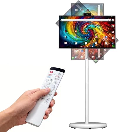 27" Portable Smart Touchscreen Tablet TV on Wheels, Android 15 OS Mobile Smart Display with Google EDLA Certification, 6GB+128GB, Built-in Battery, 4K Camera, Wireless Casting, Rotating Rolling Stand