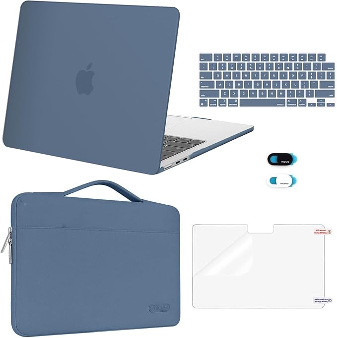 MOSISO Compatible with MacBook Air 13 inch Case M5 2026 M4 2025 M3 M2 2024-2022 A3449 A3240 A3113 A2681,Hard Shell&Sleeve Bag&Keyboard Skin&Webcam Cover&ScreenFilm for MacBook Air 13.6, Steel Blue
