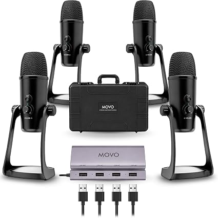 Movo 4-Person USB Podcast Equipment Bundle – 4 Condenser Mics, Hub & Case
