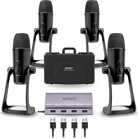 Movo 4-Person USB Podcast Equipment Bundle – 4 Condenser Mics, Hub & Case
