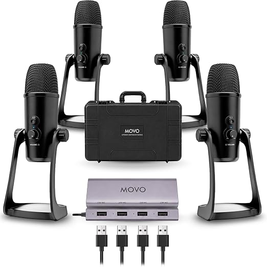 Movo 4-Person USB Podcast Equipment Bundle – 4 Condenser Mics, Hub & Case