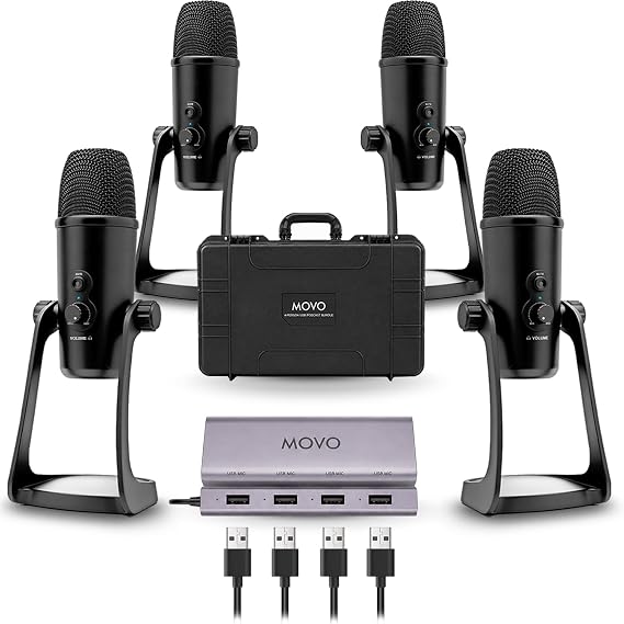 Movo 4-Person USB Podcast Equipment Bundle – 4 Condenser Mics, Hub & Case