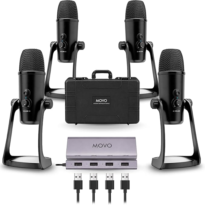 Movo 4-Person USB Podcast Equipment Bundle – 4 Condenser Mics, Hub & Case