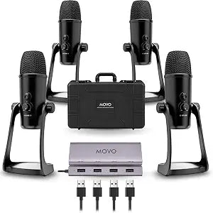 Movo 4-Person USB Podcast Equipment Bundle – 4 Condenser Mics, Hub & Case