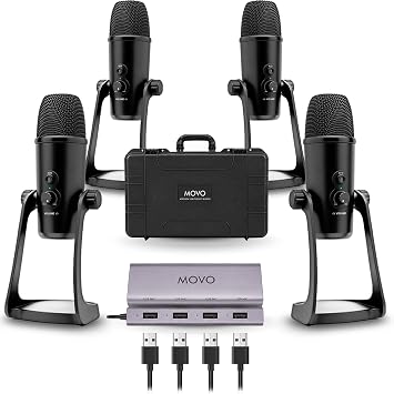 Movo 4-Person USB Podcast Equipment Bundle – 4 Condenser Mics, Hub & Case